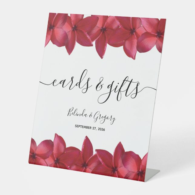 Red Plumeria Frangipani Wedding Cards & Gifts Pedestal Sign (Front)