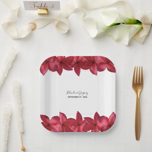 Red Plumeria Frangipani Wedding Paper Plate (Wedding)