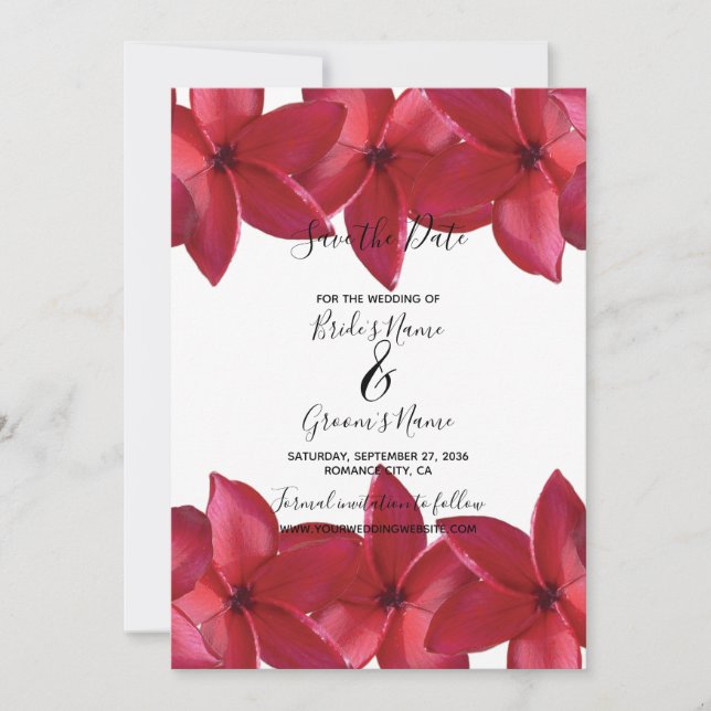 Red Plumeria Frangipani Wedding Save The Date (Front)