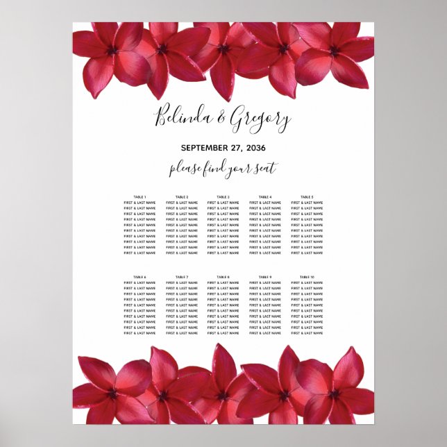 Red Plumeria Frangipani Wedding Seating Chart (Front)