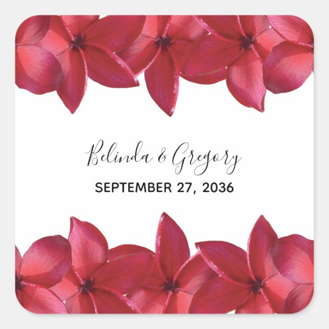 Red Plumeria Frangipani Wedding Square Sticker (Front)