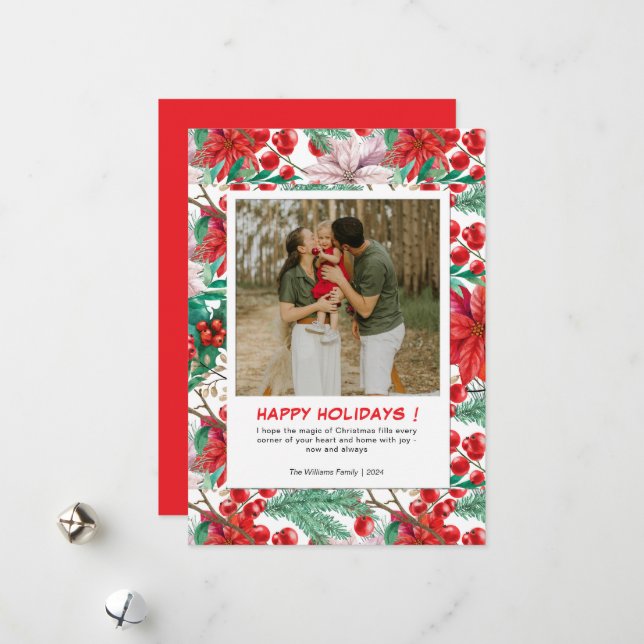 Red Poinsettia 2 Family Photo Christmas Holiday Card (Front/Back In Situ)