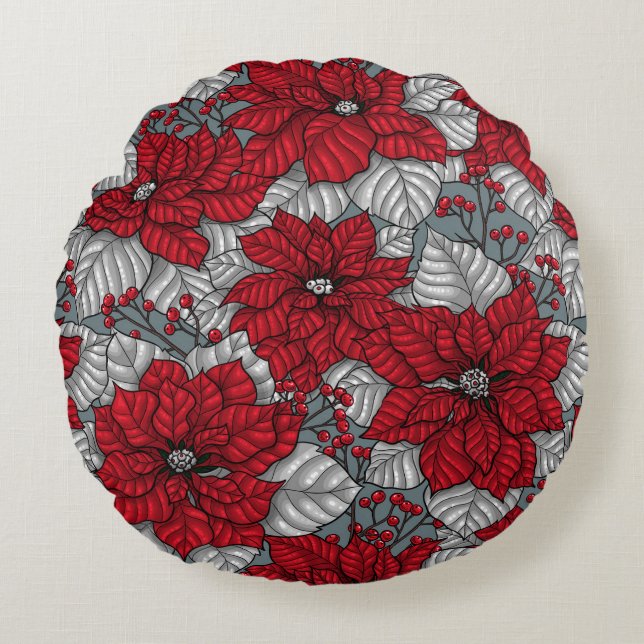 Red poinsettia and berries, Christmas design Round Cushion (Front)