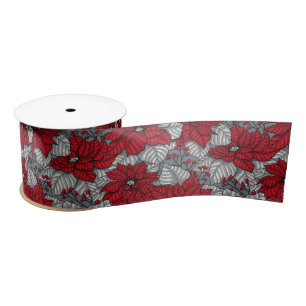 Red poinsettia and berries, Christmas design Satin Ribbon