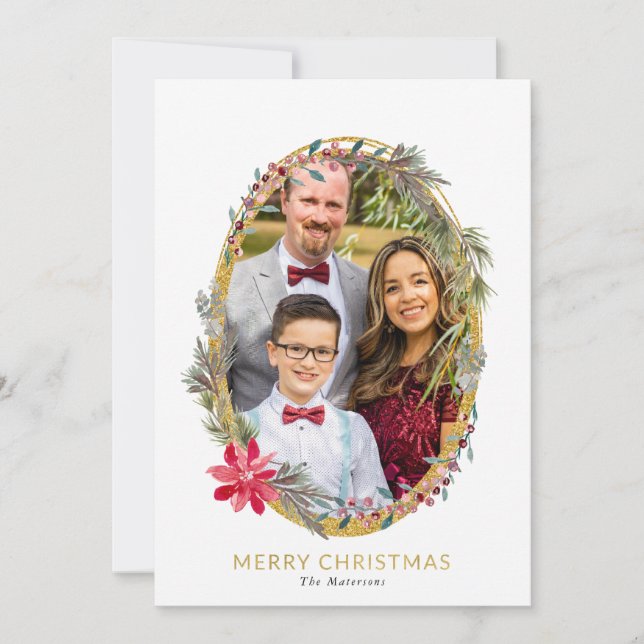 Red Poinsettia and Berries Golden Frame Photo Holiday Card (Front)