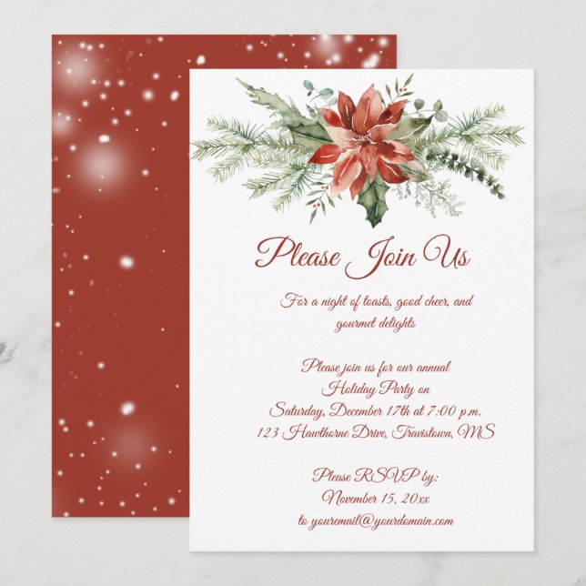 Red Poinsettia and Evergreens Christmas Party Invitation (Front/Back)
