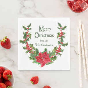 Red Poinsettia and Holly Berry Christmas Wreath Napkin