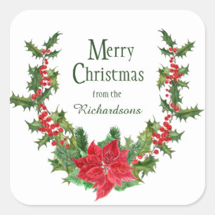 Red Poinsettia and Holly Berry Christmas Wreath Square Sticker