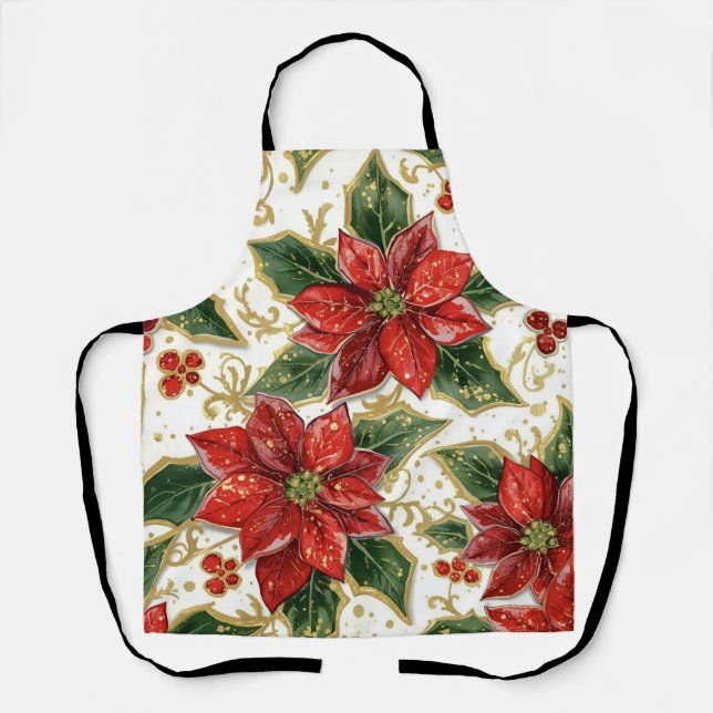 Red Poinsettia And Holly Christmas Holiday Winter Apron (Front)
