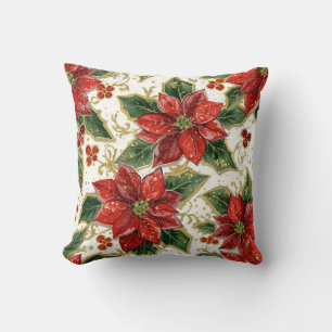 Red Poinsettia And Holly Christmas Holiday Winter Cushion