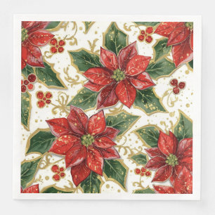 Red Poinsettia And Holly Christmas Holiday Winter Napkin