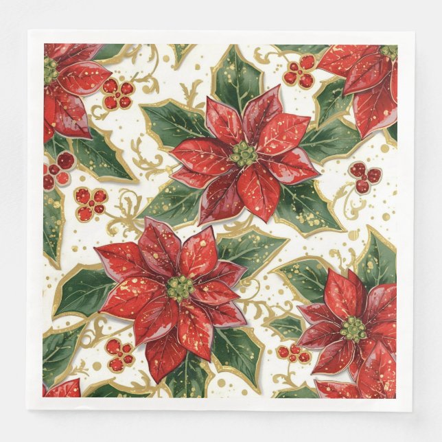 Red Poinsettia And Holly Christmas Holiday Winter Napkin (Front)