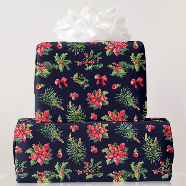 Red Poinsettia and Holly Pretty Roll of  Wrapping Paper (Creator Uploaded)