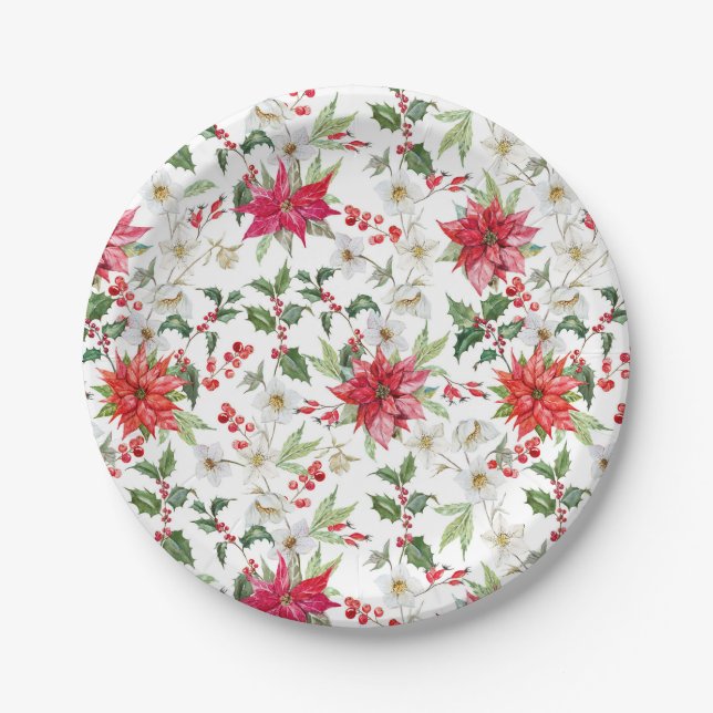 Red Poinsettia and Paperwhite Christmas Pattern Paper Plate (Front)