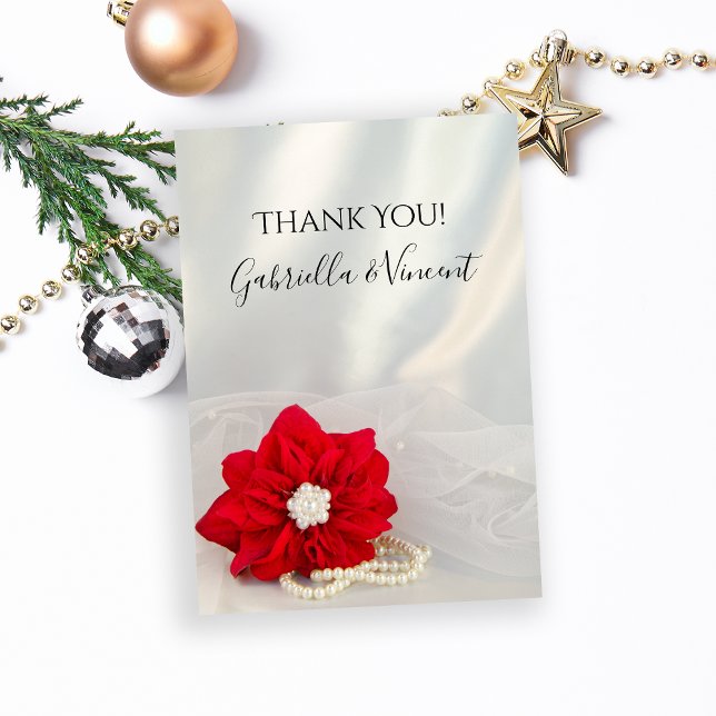 Red Poinsettia and Pearls Winter Wedding Thank You (Show your appreciation after your December wedding with the Red Poinsettia and Pearls Thank You Note)
