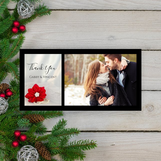 Red Poinsettia and Pearls Winter Wedding Thank You Card (Show appreciation after your December event with the festive Poinsettia and Pearls Wedding Thank You)
