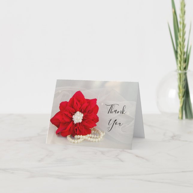 Red Poinsettia and Pearls Winter Wedding Thank You Card (Front)
