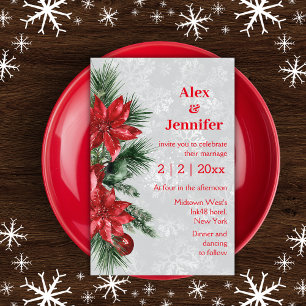  Red Poinsettia and pine chic wedding  invitation  Flyer