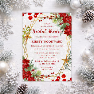 Red Poinsettia & Berry Winter Floral Bridal Shower Invitation