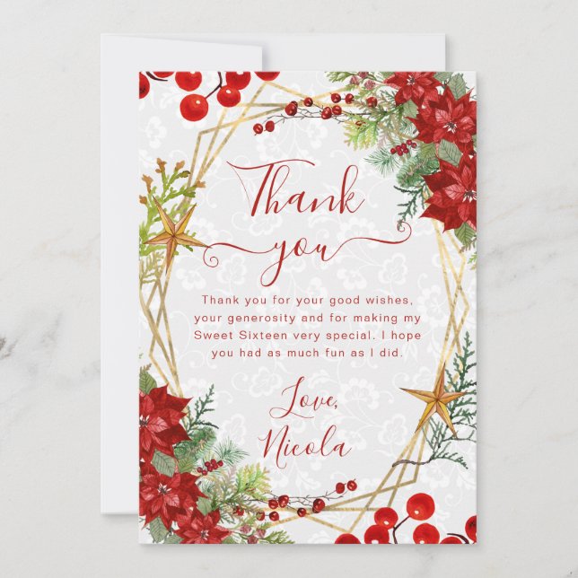 Red Poinsettia & Berry Winter Floral Sweet 16 Thank You Card (Front)