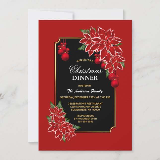 Red Poinsettia Black Christmas Dinner Invitation (Front)