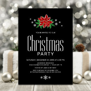 Red Poinsettia Black Minimalist Christmas Party Invitation