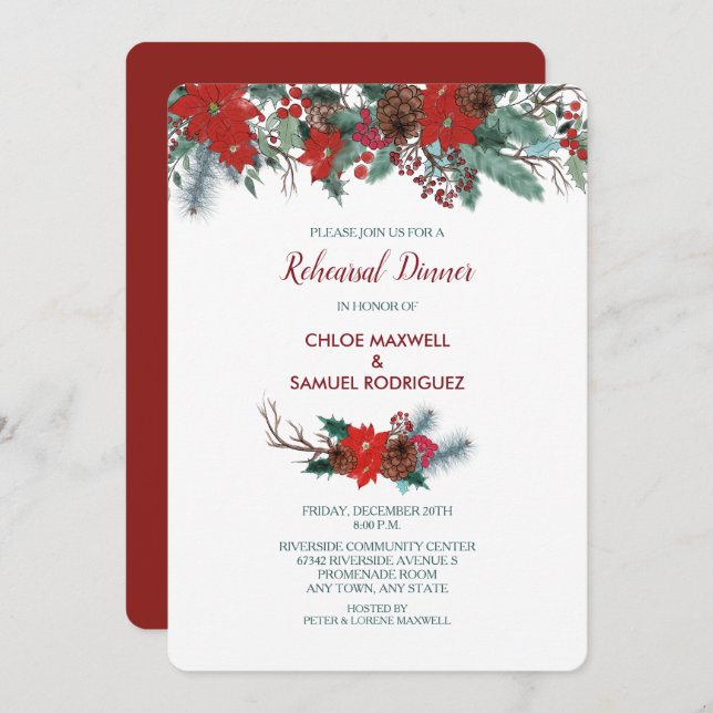 Red Poinsettia Border Bouquet Rehearsal Dinner Invitation (Front/Back)
