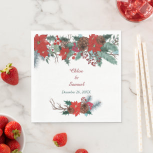 Red Poinsettia Border Floral Wedding Napkin