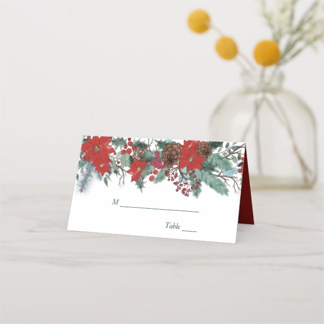 Red Poinsettia Border Floral Wedding Place Card (Front)