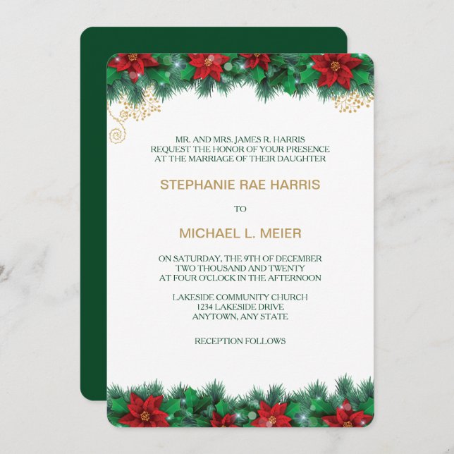 Red Poinsettia Border Wedding Invitation (Front/Back)