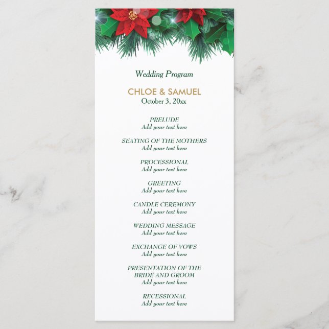 Red Poinsettia Border Wedding Program (Front)