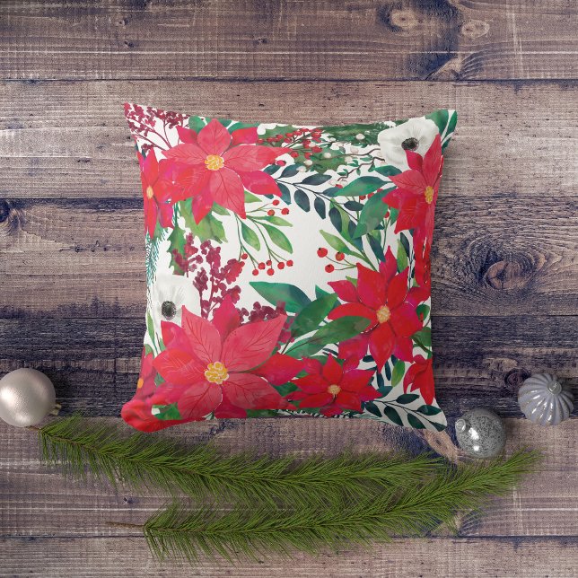 Red Poinsettia Bouquet Floral Christmas Cushion (Creator Uploaded)