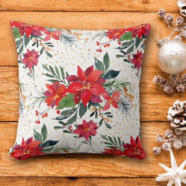 Red Poinsettia Bouquet Gold Confetti Christmas Cushion (Creator Uploaded)