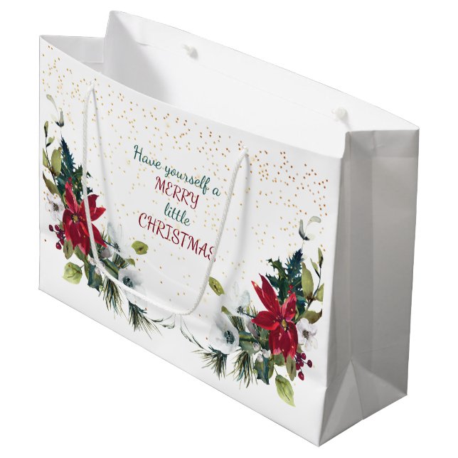 Red Poinsettia Bouquet Gold Glitter Christmas Large Gift Bag (Front Angled)