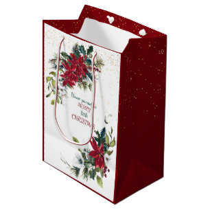 Red Poinsettia Bouquet Gold Glitter Christmas Medium Gift Bag