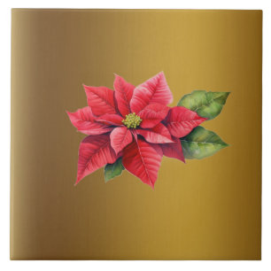 Red Poinsettia Brushed gold colour Ceramic Tile