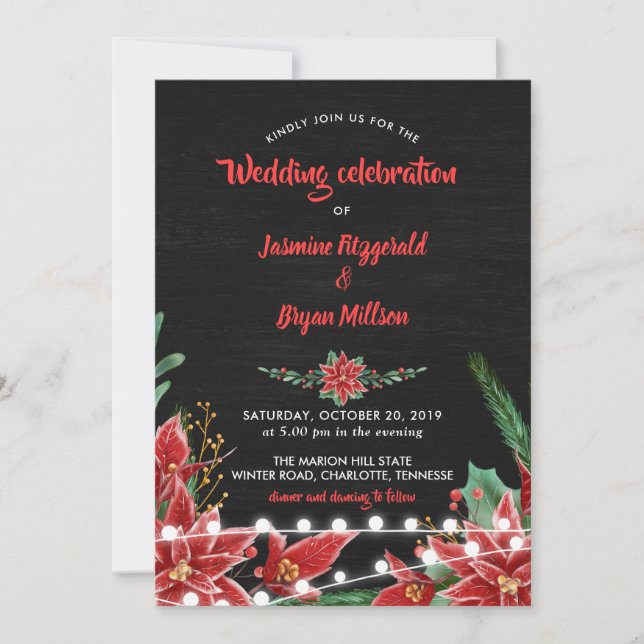 Red Poinsettia | Chalkboard Christmas Wedding Invitation (Front)