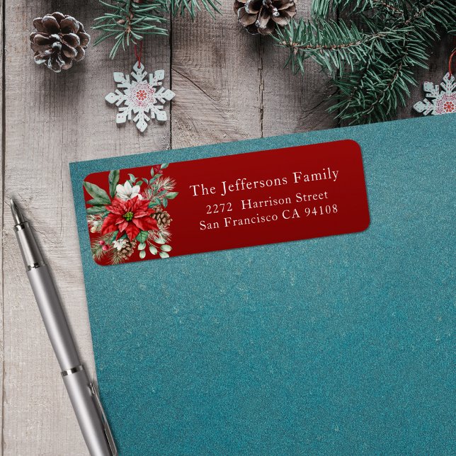 Red Poinsettia Christmas Address Return Address Label (Red Poinsettia Christmas Address Label)