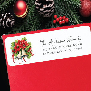 Red Poinsettia Christmas Bells Return Address Label