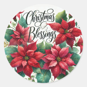 Red Poinsettia Christmas Blessings Floral Classic Round Sticker