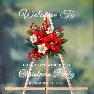 Red Poinsettia Christmas Corporate Party Welcome Acrylic Sign