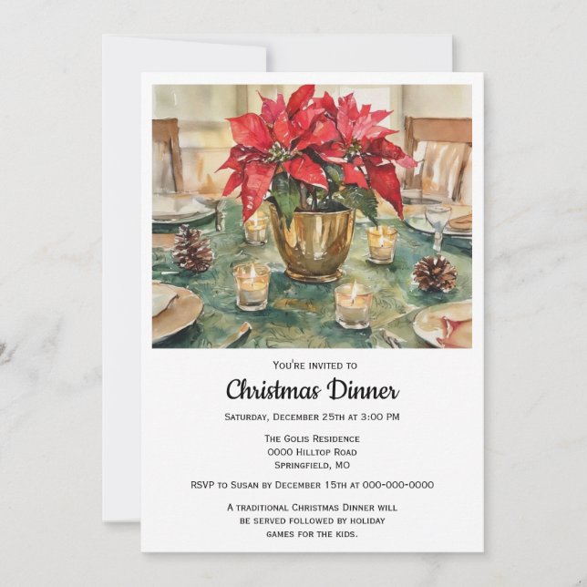 Red Poinsettia Christmas Dinner  Invitation (Front)