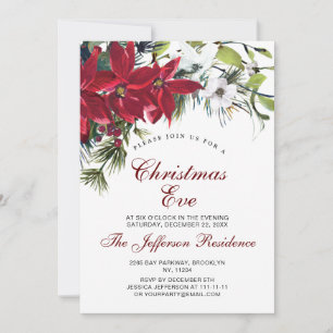 Red Poinsettia Christmas Eve Party Watercolor Invitation