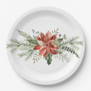Red Poinsettia Christmas Evergreens Paper Plate