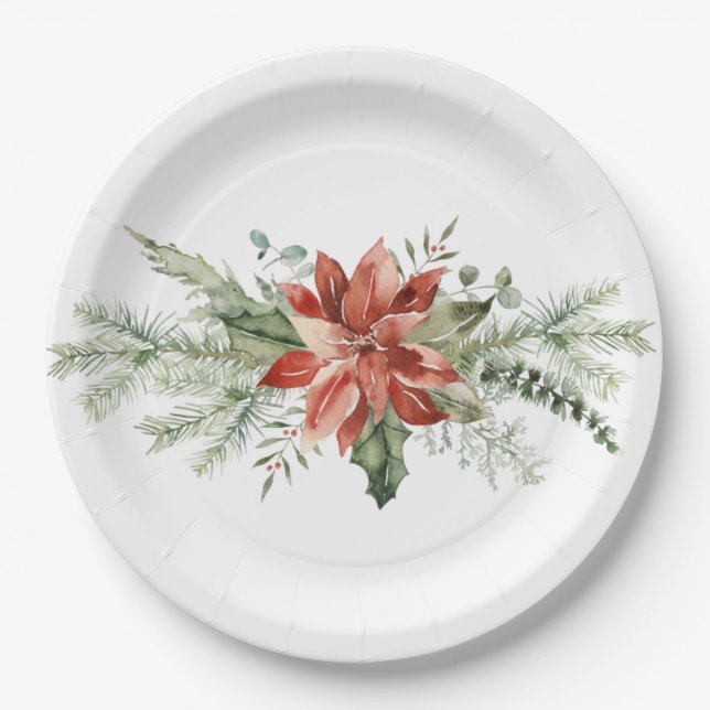 Red Poinsettia Christmas Evergreens Paper Plate (Front)