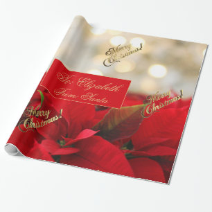 Red Poinsettia Christmas Floral Faux Gold Script Wrapping Paper