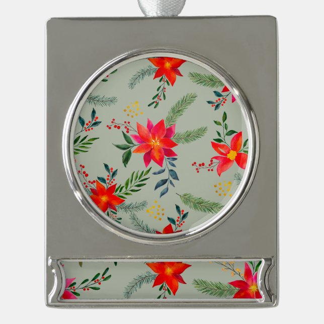  Red Poinsettia Christmas Floral Silver Plated Banner Ornament (Front)
