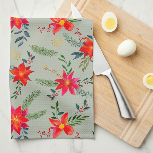  Red Poinsettia Christmas Floral Tea Towel (Quarter Fold)