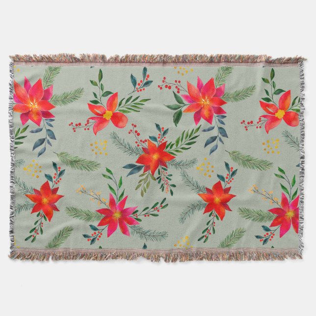  Red Poinsettia Christmas Floral Throw Blanket (Front)