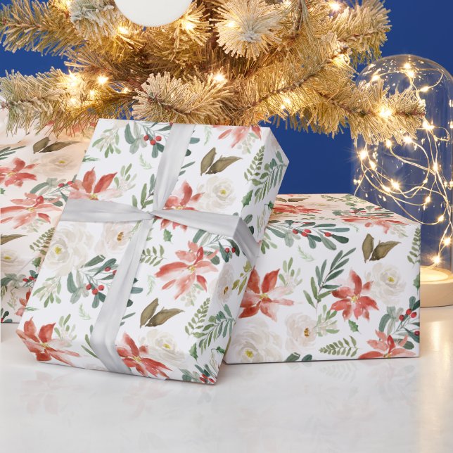 Red Poinsettia Christmas Floral Watercolor Wrapping Paper (Holidays)